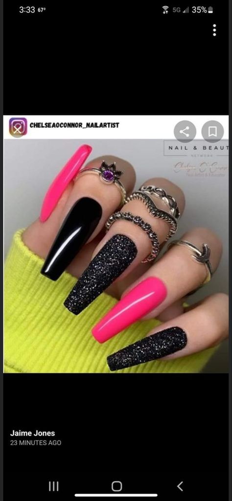 Pink And Black Nails With Rhinestones, Black And Hot Pink Nails Ideas, Hot Pink And Black Ombre Nails, Black With Neon Nails, Black Inspired Nails, Black Hot Pink Nails, Black And Pink Valentine Nails, Fluro Nails, Black Pink Nails Designs