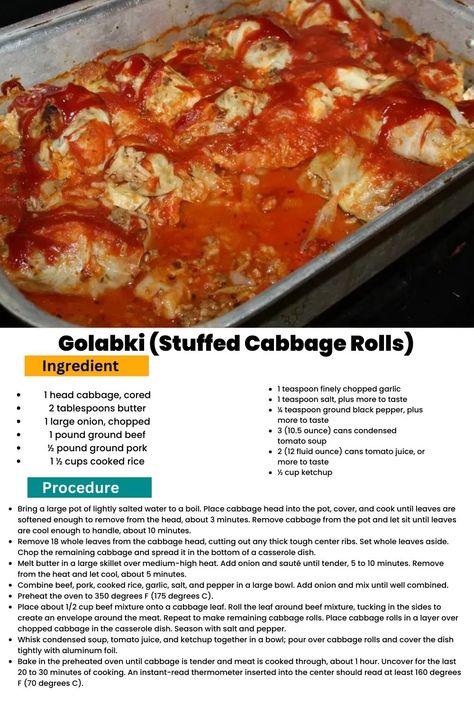 Grandma's Golumpki - Stuffed Polish Cabbage (Gołąbki) Gwumpki Recipe, Polish Cabbage, Baked Stuffed Pork Chops, Homemade Swedish Meatballs, Swedish Cuisine, Czech Food, Cabbage Casserole Recipes, Condensed Tomato Soup, Cabbage Head