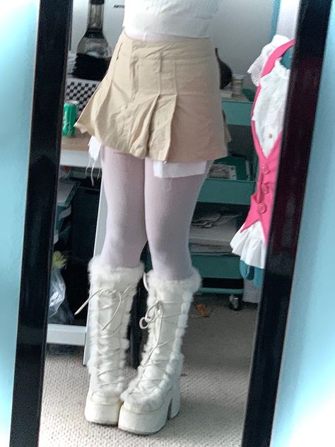 White Ripped Tights Outfit, White Stockings Outfit Aesthetic, White Demonia Boots Outfit, White Demonia Boots, Snow Angel Aesthetic, Demonia Boots Outfit, Ripped Tights Outfit, White Stockings Outfit, Outfits With White Skirt