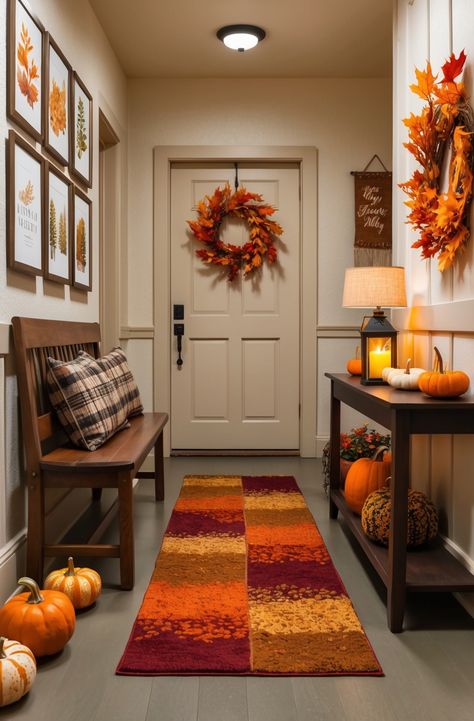 Welcome the season with this cozy hallway, rich in warm tones and charming autumn decor. From plaid accents to vibrant pumpkins and gourds, every detail reflects fall's beauty. The soft glow combined with nature-inspired art crafts an inviting atmosphere that celebrates the season! #homedecor #falldesign #falldecorations #falldecor #homeinspo #fallhomedesign Cozy Hallway, Pumpkins And Gourds, Autumn Beauty, Autumn Decor, Fall Design, Art Crafts, Gourds, Home Decor Inspiration, Nature Inspired