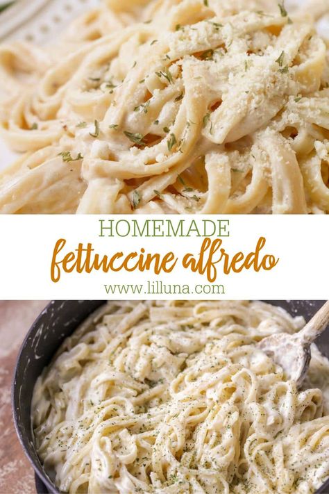 With a handful of ingredients, creamy Fettuccine Alfredo takes just minutes to make. It's an easy, cheesy family favorite! #fettuccinealfredo #alfredo #fettuccine #pasta #easydinners Carbonara Pancetta, Easy Fettuccine Alfredo, Fetuccini Alfredo, Easy Fettuccine, Alfredo Fettuccine, Classic Carbonara, Fettuccine Alfredo Recipe, Asian Steak Bites, Fettuccine Alfredo Recipes