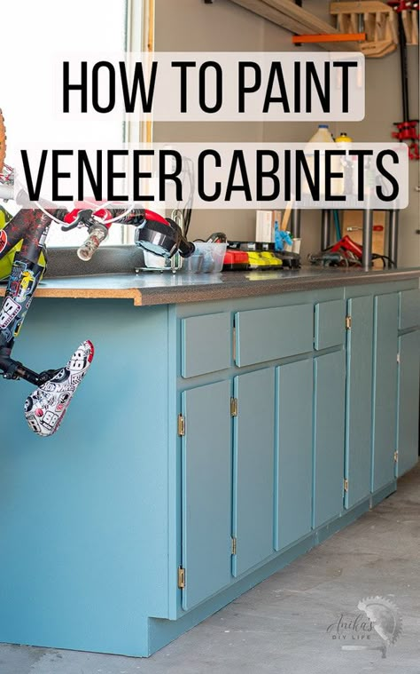 How to paint veneer cabinets the right way. Learn how to paint wood veneer cabinets in the kitchen, bathroom or garage with this complete guide and tutorial. #anikasdiylife Paint Veneer Cabinets, Painting Veneer Furniture, Painting Veneer, Veneer Cabinets, Woodworking Diy Gifts, Painting Laminate Cabinets, Veneer Furniture, Kitchen Cabinets Painting, Painting Kitchen Cabinets White