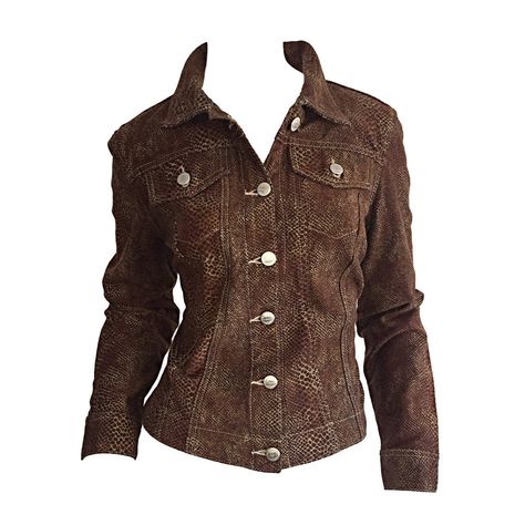 Brown Jean Jacket, Jeans Marron, Snakeskin Jacket, Brown Denim Jacket, Denim Jacket And Jeans, Todd Oldham, Jackets Vintage, Fashion Movement, Brown Denim