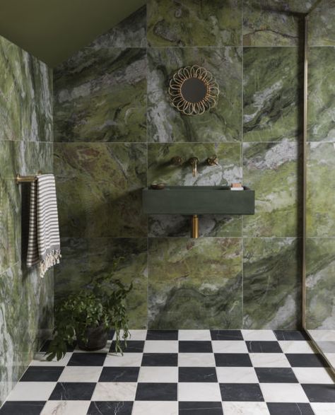 How to Mix & Match Bathroom Tiles – Mandarin Stone Light Green Marble Bathroom, Green Marble Bathroom, Black Porcelain Tiles, Bathroom Upstairs, Mandarin Stone, Indoor Tile, Concrete Basin, Washroom Design, Tile Trends