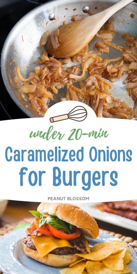 Make a quick batch of caramelized onions for burgers or pork sandwiches, this is the most delicious condiment for an easy dinner. The small batch cooks right in a skillet in minutes and will keep in the fridge for several days. Caramelized Onions For Burgers, Onions For Burgers, Rice Pilaf Recipes, Busy Night Dinners, Easy Potato Side Dishes, Burger Truck, Guy Food, Bubba Burgers, Onion Burgers