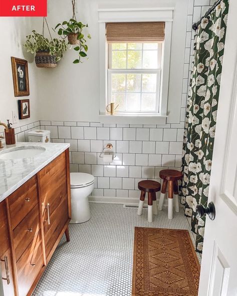 1980s Bathroom, Penny Tile Floors, Add A Bathroom, Bathroom Remodel Cost, Cozy Minimalist, Green Shower Curtains, White Bathroom Tiles, Penny Tile, Brown Bathroom