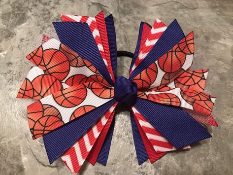 Basketball Hair, Basketball Treats, Basketball Hair Bows, Ku Basketball, Dance Bows, Ribbon Dance, Blue Basketball, Basketball Hairstyles, Red Scrunchie