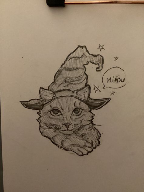 Black Cat With Witch Hat Drawing, Wizard Cat Drawing, How To Draw A Witch Hat, Cat With Witch Hat Drawing, Cat With Hat Drawing, Witch Hat Drawing, Wholesome Animals, Hat Drawing, Wizard Cat