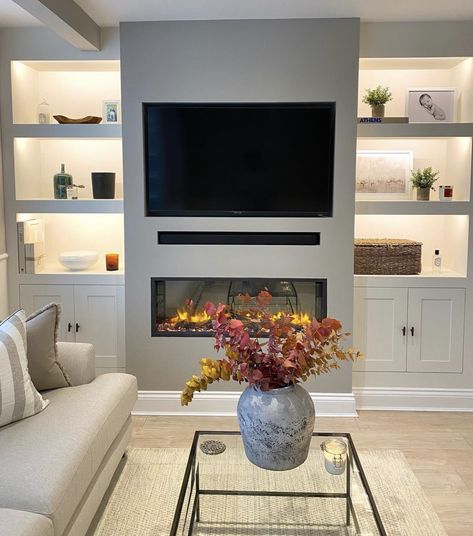 Media Wall Electric Fire, Electric Fire Media Wall, Media Wall Small Living Room, Tv On Chimney Wall, Tv Media Wall, Media Wall Ideas, Sleek Fireplace, Media Walls, Wall Unit Designs