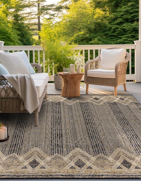 Easy Care, Stain-Resistant, Flatweave, Textured, Pet-Friendly Outdoor Modern Charcoal Rug. 7' 10 x 7' 10 Square. Shed-free. Indoor / Outdoor Rug. Perfect for Patio. Contains Colors: Charcoal, Yellow, Cream. Styles: modern Patterns: striped, geometric