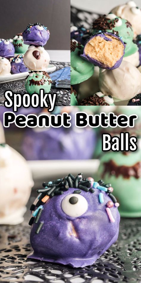 The traditional peanut butter ball all dressed up for Halloween. These classic treats have a soft peanut butter filling and a crunchy chocolate shell. Decorated with sprinkles and candy eyes. These are easy, no-bake treats made with just a few ingredients. Perfect for desserts or snacks. #peanutbutterballs #dessert #peanutbutter #chocolate #truffles #buckeyes #HalloweenTreatWeek #ad @dixiecrystals @bigbearswife Halloween Peanut Butter Balls, Halloween Buckeyes, Halloween Deserts Recipes, Peanut Butter Bon Bons, Peanut Butter Chocolate Balls, Halloween Truffles, Peanut Butter Ball, Peanut Butter Oatmeal Balls, Easy Truffles