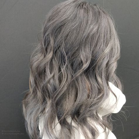 Smoky gray Smoky Hair Color Grey, Dark Smokey Grey Hair, Smoky Babylights, Smoky Hair Color, Grey Toned Balayage, Smokey Pastel Hair, Ash Hair, Silver Hair, Balayage