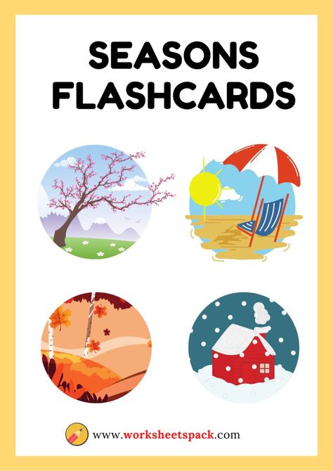 Flashcards - Printable and Online Worksheets Pack Seasons Flashcards Free Printable, 4 Seasons Worksheets For Kids, Seasons Flashcards, Flashcards For Kindergarten, Esl Flashcards, Seasons Chart, Seasons Worksheets, Flashcards For Toddlers, Shapes Flashcards