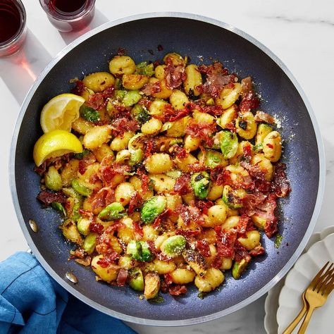 Recipe: One-Pan Prosciutto Gnocchi with Brussels Sprouts & Lemon - Blue Apron Prosciutto Pasta, Blue Apron Recipes, Zesty Sauce, Easy Pasta Dishes, Lemon Pasta, Blue Apron, Crushed Red Pepper, Crushed Red Pepper Flakes, Recipe Card