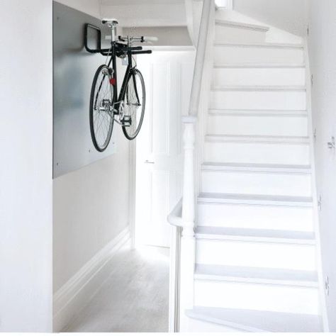 Bike Storage Small Space, Bike Storage Apartment, Hanging Bike Rack, Indoor Bike Rack, Indoor Bike Storage, White Hallway, Bike Storage Solutions, Cycle Storage, Bike Hooks