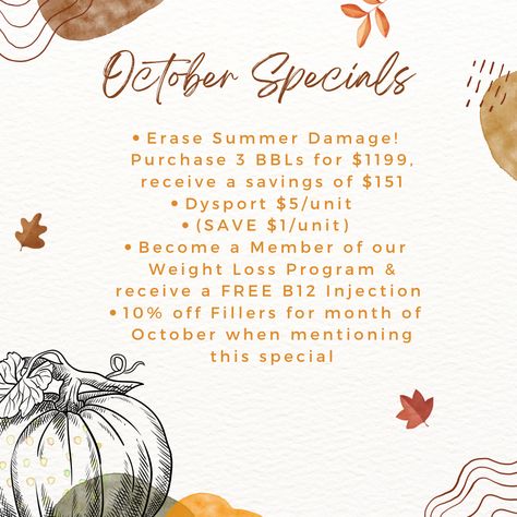 Fall Medspa Specials, November Esthetician Posts, Halloween Botox Quotes, Medspa Marketing, Fall Esthetician Posts, Small Business Promotion Ideas, Holiday Botox Specials, Spa Promo, Botox Quotes