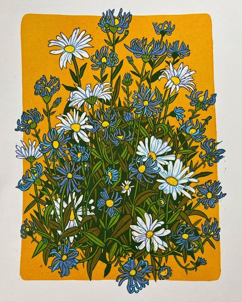 Linocut Print # Elina Adrshina | 5 layers linocut print “Summer flowers” Reduction linocut from 2 forms Paper size - 28 x 38 cm (11 x 15 inches) Printed area - 20,5 x 28… | Instagram Daisy Illustration, Diy Poster, Color Transparency, Linoleum Print, Relief Print, Marker Drawing, April 29, Purple Backgrounds, Lino Print