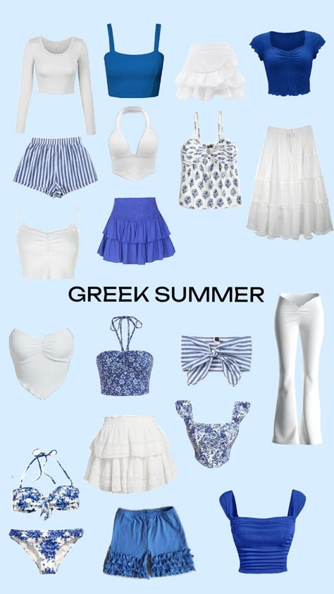 #coastalgranddaughter #coastal #greek #summer #clothes #white #blue #greece Greece Clothing Aesthetic, Greek Summer Outfits Aesthetic, Greek Summer Fits, Blue And White Greece Outfit, Beachy Style Outfits, Greek Summer Outfits, Blue And White Greece Aesthetic, Greek Outfit, Blue And White Outfits