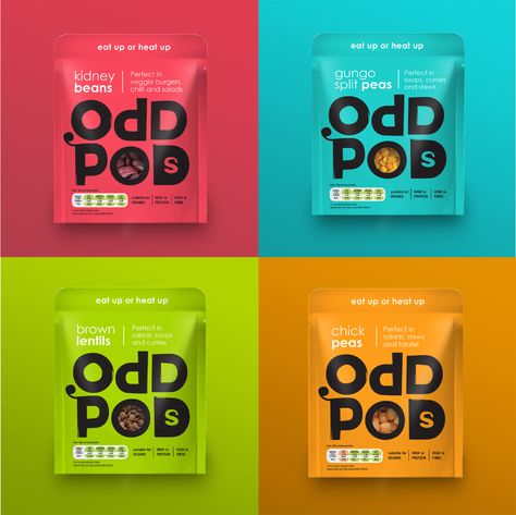 Oddpods on Packaging of the World - Creative Package Design Gallery Snack Logo Design Food Packaging, Healthy Packaging Design, Pouch Packaging Design Inspiration, Makhana Packaging, Candy Packaging Design, Colorful Packaging, Typographic Layout, Snack Packaging, Banner Design Layout