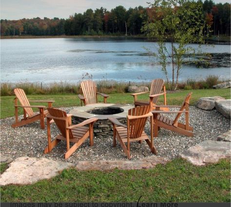 Half Circle Fire Pit Seating Area, Firepits Lakeside, Pond Patio Ideas, Patio By Lake, Pond Seating Area, Hillside Fire Pit Ideas, Lakeside Fire Pit, Backyard Amenities, Lakeside Landscaping