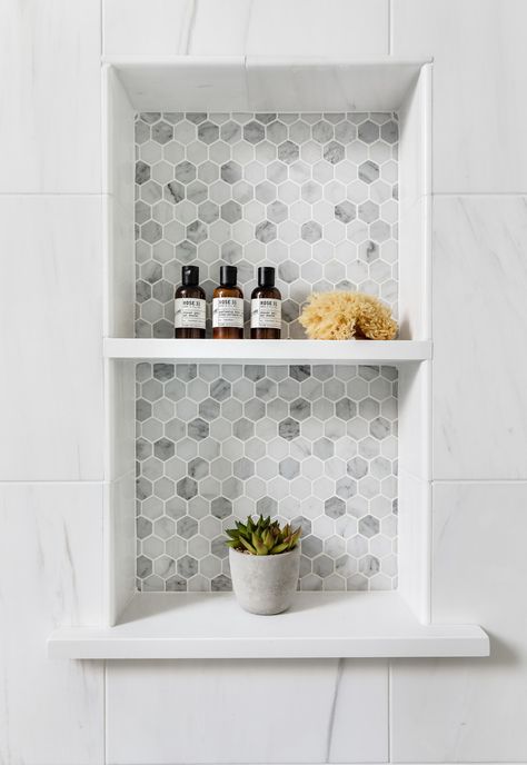 Sophisticated Farmhouse, Tile Shower Niche, Bathroom Niche, Master Shower, Tiled Shower, Steam Shower, Bad Inspiration, Shower Niche, Master Bath Remodel