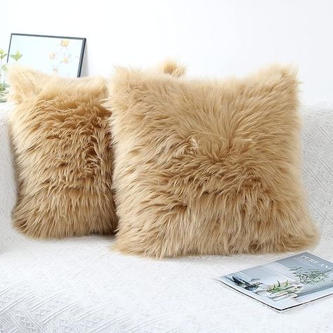 Amazon.com: OYIMUA Fluffy Decorative Throw Pillow Covers 20×20, Faux Fur Farmhouse Luxury Pillow Cases,Soft Plush Fuzzy Beige Cushion Covers for Sofa Couch Living Room Bedroom Set of 2 : Home & Kitchen Fluffy Cushions, Unique Interior Design, Luxury Pillows, Wool Throw Pillows, Beige Cushions, Decorative Throw Pillow Covers, Couches Living Room, Throw Pillow Cases, Decorative Throws