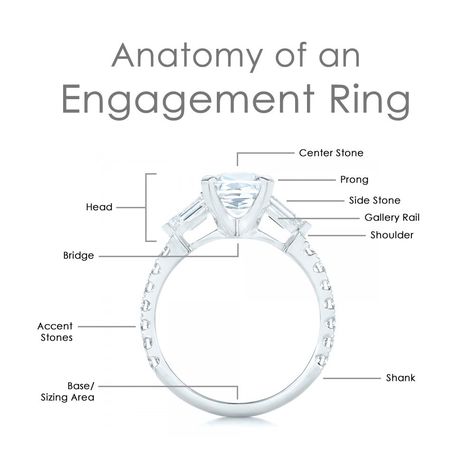 Anatomy of an Engagement Ring | Parts of a Ring | Fine Jewelry Terminology | Terms to Describe an Engagement Ring | Pacific Engagements Blog | Seattle Wedding Planner | Joseph Jewelry - Bellevue, WA Engagement Ring Profile, Type Of Rings Style, Ring Anatomy, Ring Band Styles, Different Karat Sizes, Parts Of A Ring, Diamond Settings Types Of, Jewelry Parts Names, Engagement Ring Anatomy