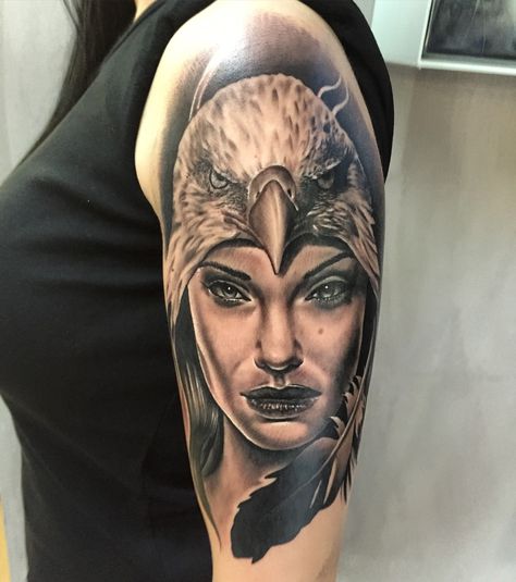 woman with eagle -at tattoo anansi   #eagle #bird #woman #tattoo Eagle Woman Tattoo, Eagle Tattoo Girl, Eagle Tattoo Arm, Eagle Shoulder Tattoo, Eagle Tattoo Designs, Celtic Sleeve Tattoos, Eagle Head Tattoo, Small Eagle Tattoo, Tattoo Pretty