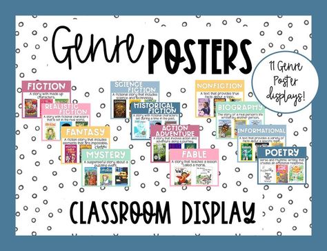 Nonfiction Classroom Decor, Book Genres Anchor Chart, Genre Wall In Classroom, Book Genre Posters, Genre Posters Free, Reading Genre Posters, Library Modern, Reading Genres, Genre Posters