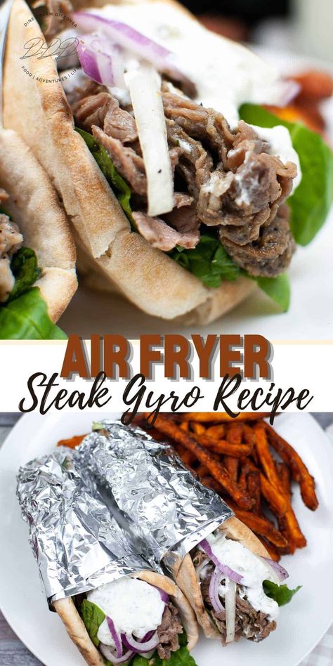 Air Fryer Steak Gyros - Dine Dream Discover Gyro Recipe Beef, Steak Gyros, Beef Gyro, Chicken Gyro Recipe, Lamb Gyros, Steak Sandwiches, Greek Gyros, Gyro Recipe, Air Fryer Steak