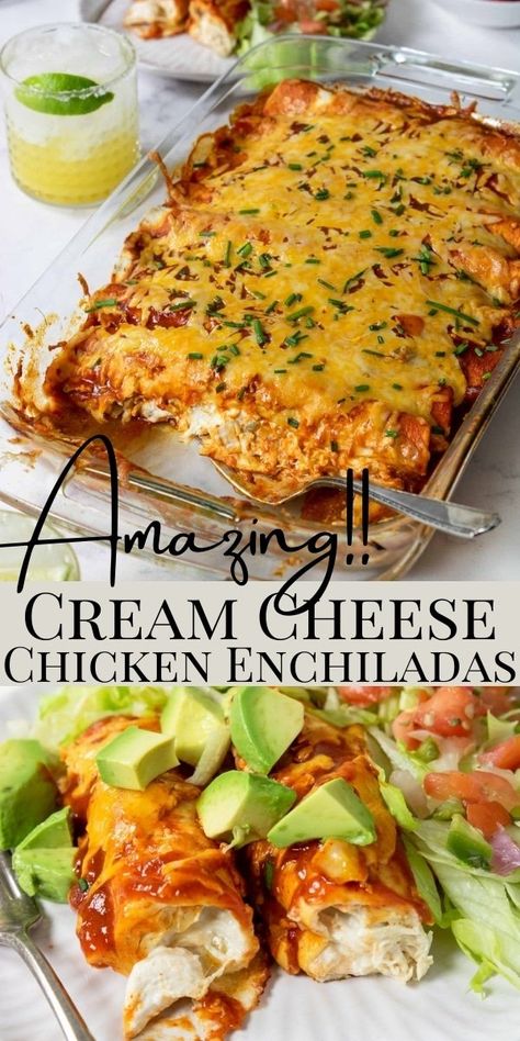 Enchiladas Easy, Easy Enchilada Recipe, Cream Cheese Chicken Enchiladas, Easy Enchiladas, Chicken Enchiladas Easy, Cheese Chicken, Mexican Dinner, Chicken Enchilada Recipe, Cream Cheese Chicken