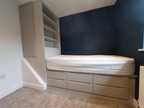 Cabin Bed Ideas For Small Rooms, Box Room Over Stairs Storage Ideas, Over The Stairs Box Room, Stairbox Bed, Box Bedroom Designs, Bed Built Over Stair Bulkhead, Small Bedroom With Stair Box Ideas, Stairbox Ideas Bedroom, Tiny Box Room Bedroom Ideas