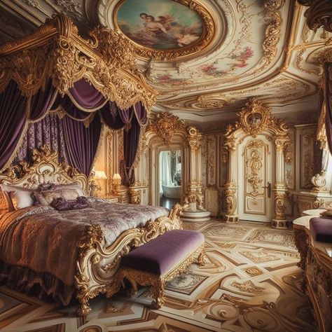 French Baroque Bedroom, Rococo Wallpaper Desktop, 1700s Bedroom, Baroque Bedroom Aesthetic, Rococo Room Decor, Baroque Bedroom Ideas, Purple Victorian Bedroom, Royalcore Bedroom, Fantasy Royal Bedroom