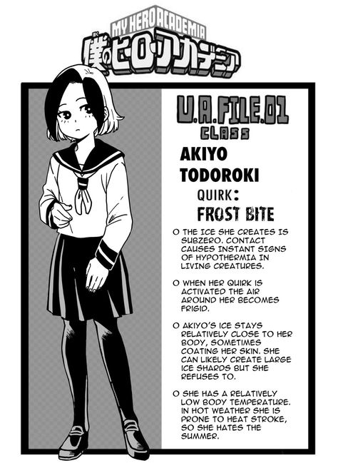 I’ve always wanted to make a character profile like this!! Here’s my Todomomo daughter, Akiyo!! Akiyo is twelve years old, in her first year of middle school. She has a powerful and dangerous ice... Mha Ocs, Bakugou And Uraraka, Hero Oc, Oc Bnha, Everyone Has A Story, Disney Cars Birthday, Oc Manga, Oc Character, Mha Oc