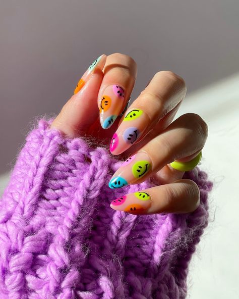 Bringing smiles one nail at a time!😊💅✨ Nail art by @disseynails 🩷 using wildflower, licorice, baby blue, lilac blossom, party babe, pink… | Instagram Summer Rainbow Nails, Deserve To Be Happy, Rainbow Nail Art, Nails Bright, Neon Pastel, Lilac Blossom, Hippie Nails, Gelish Nails, Smiling Faces