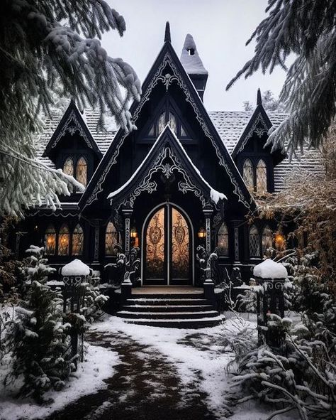 Tiny House Perfect on Instagram: "Tour through a Dark Winter House 🏡⚫️❄️🌲 🏠follow us at @tinyhouseperfect 🏠 🏠follow us at @tinyhouseperfect 🏠 🏠follow us at @tinyhouseperfect 🏠 Credits: @benmyhre ______________________ #tinyhouseattractive #tinyhouse #tinyhome #tinyhousemovement #tinyliving #homeiswhereyouparkit #tinyhomes #vanlife #tinyhouselife #tinyhouseliving #tinyhousenation #architecture #travel #tinyhouses #tinyhouseonwheels #fire #tinyhousedesign #wood #winter #tinyhousebuild #interiordesign #camping #snow #tinyhouselove #design #roadtrip" Victorian Gothic House Exterior, Gothic Tiny House, Gothic House Exterior, Gothic Victorian Homes, Gothic Victorian House, Gothic Homes, Witchy Cottage, Goth Houses, Fantasy Cottage