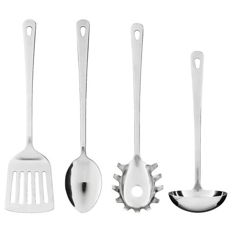 IKEA - GRUNKA, 4-piece kitchen utensil set, stainless steel, Includes: 13" spoon, 11" ladle, 13" turner and 13" spaghetti server. Wash this product before using it for the first time. Uni Essentials, Armoire Ikea, Stainless Steel Kitchen Utensils, Stainless Steel Utensils, Baking Utensils, Cooking Utensils Set, Stainless Steel Dishwasher, Kitchen Utensil Set, Ikea Family