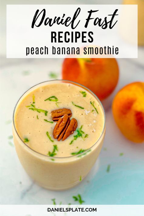 Are you doing the Daniel Fast? This simple, yummy peach banana smoothie is excellent any time of the day and any time of the year. Made with four simple ingredients, this creamy and perfectly sweet vegan peach smoothie is gluten-free, soy-free, and has no added sugar. Check out this and other tasty and healthy Daniel Fast recipes here... Daniel Fast Smoothies, Daniel Diet Recipes, Daniel Fast Breakfast, Daniel Fast Food List, Daniel Fast Diet, Peach Banana Smoothie, The Daniel Fast, Daniel Diet, Peach Smoothie Recipes