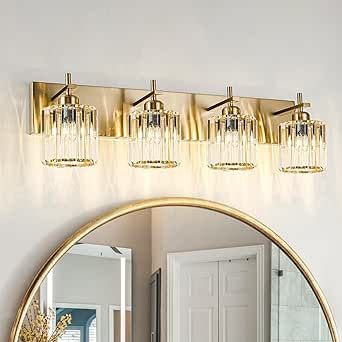 HUOKU Modern Crystal Bathroom Vanity Lights, Gold 4-Lights Bathroom Light Fixtures Over Mirror, Crystal Wall Lighting with Polished Gold Finish Brushed Gold Vanity Lighting, Gold Vanity Light Overstock, 3 Light Bathroom Vanity Light Gold, Vanity Lights Silver With Gold, Black And Gold 4 Light Vanity Light, Crystal Bathroom, Crystal Wall Lighting, Crystal Wall, Bathroom Light Fixtures