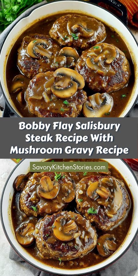 Want to impress your family with a homemade classic? This Bobby Flay Salisbury Steak Recipe with Mushroom Gravy brings the flavors of comfort food right to your table! Don’t forget to save this easy ground beef recipe for those busy nights when you need a quick yet satisfying meal! Ground Beef Recipes With Mushrooms, Bobby Flay Salisbury Steak Recipe, Bobby Flay Salisbury Steak, Salsberry Steak Recipe Easy Oven, Best Salisbury Steak Recipe, Salisbury Steak With Mushroom Gravy, Steak With Mushroom Gravy, Homemade Salisbury Steak, Salisbury Steak Recipe