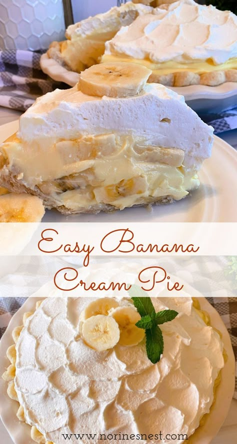 Top Photo: Slice of Banana Cream Pie on a white plate with the whole pie in the background. Bottom Photo: Overhead shot of banana cream pie. Banana Cream Pie Recipe With Cream Cheese, Banana Cream Jello Recipes, The Best Banana Cream Pie Recipe, Banana Cream Pie Recipe With Pudding And Cool Whip, Easy No Bake Banana Cream Pie, Jello Banana Cream Pie Instant Pudding, Banana Crème Pie, Jello Banana Cream Pie Recipe, Banana Cream Pie With Meringue