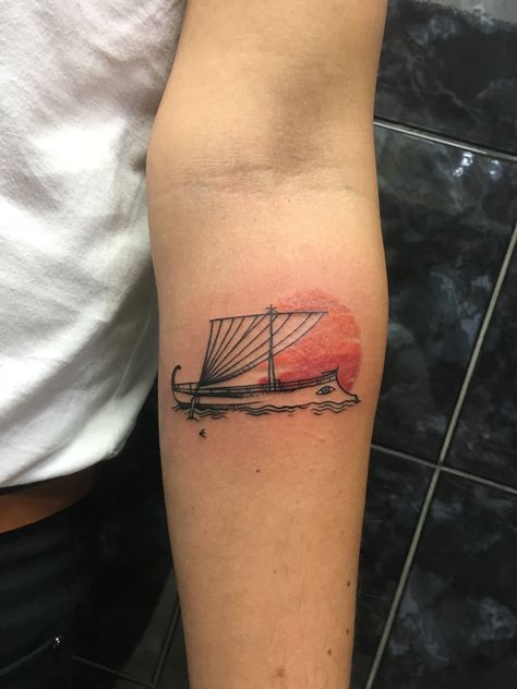 Argo ship greece by area_87_at Athens tattoo studio Greek Ship Tattoo, Athens Tattoo, Greece Tattoo, Micro Tattoo, Island Tattoo, Paros Greece, Greek Mythology Tattoos, Mythology Tattoos, Ship Tattoo