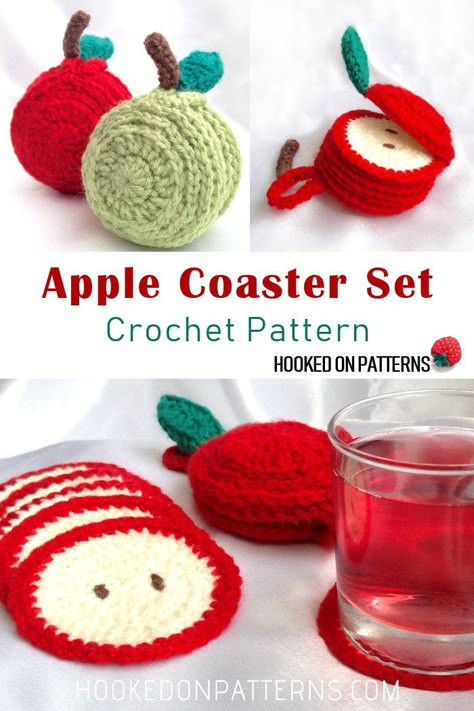 Apple Coaster, Coaster Crochet Pattern, Crochet Apple, Coaster Crochet, Crochet Coasters Free Pattern, Easy Knitting Projects, Confection Au Crochet, Crochet Coaster Pattern, Pola Amigurumi