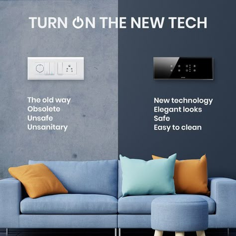 Do away with the old & unsafe tik-tock switches and invest into the ease, convenience, great looks and safety of Smart Touch Switches from WhiteLion. #RiseBeyond #Whitelion #WhitelionSmartSwitches #smartswitches #touchswitch #upgradeyourlife #elegantswitches #modernswitches Smart Home Advertising, Smart Home Social Media Design, Smart Home Ads, Home Automation Creative Ads, Home Appliances Creative Ads, Home Creative Ads, Modern Switches, Grpahic Design, Smart Home Switches