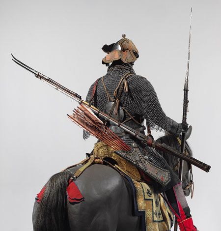 Cavalry armor, 18th–19th century Tibetan, and possibly Bhutanese and Nepalese elements, iron, gold, copper alloy, wood, leather, and textile, assembled based on photographs taken in the 1930s and 1940s in the Tibetan capital of Lhasa during the Great Prayer Festival. The photographs showed troops of ceremonial armored cavalry, who wore a standardized set of equipment as stipulated by the central government of Tibet probably from the mid-seventeenth or eighteenth century onward. Met museum.:... Ancient Samurai, Painting Japanese, Chinese Armor, Painting Study, Historical Armor, Samurai Armor, Asian History, Figurative Painting, Arm Armor