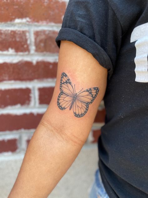 Tattoo Ideas Butterfly Arm Sleeve, Women’s Butterfly Tattoo, Butterfly Tatoos Woman Arm, Butterfly Tattoo Meaningful, Butterfly Tattoo Designs For Women Arm, Butterfly Back Of Arm Tattoo, Butterfly On Back Of Arm, Butterfly Tattoo On Bicep, Butterfly On Arm Tattoo