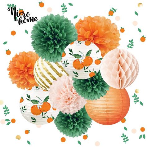 Summer Party Birthday, Fruit Party Decorations, Citrus Baby, Hanging Paper Lanterns, Orange Baby Shower, Tissue Pom Poms, Baby Shower Theme Decorations, Orange Party, Fruit Party