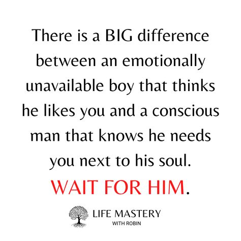 There is a BIG difference between an emotionally unavailable boy that thinks he likes you and a conscious man that knows he needs you next to his soul. WAIT FOR HIM. #love #selflove #selfworth #worthy #wealth #wealthy Unavailable Men Quotes, Mental Healthcare, Emotionally Unavailable Men, Ego Tripping, Conscious Man, Emotionally Unavailable, Man Vs, Men Quotes, Waiting For Him