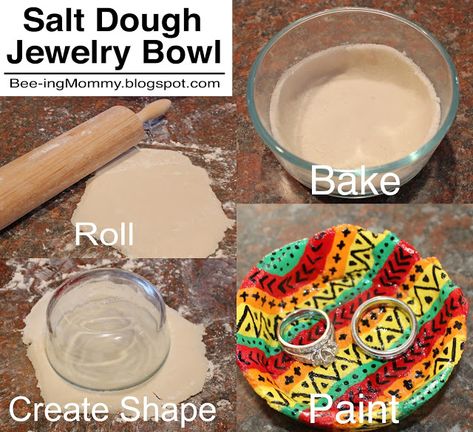 DIY Salt Dough Jewelry Dish tutorial - great children's activity and gift idea Bread Dough Crafts, Salt Dough Trinket Dish, Salt Dough Creations, Salt Dough Jewelry Holder, Salt Dough Ring Dish, Salt Dough Fathers Day Gifts, Salt Dough Fish, Salt Dough Crafts For Mothers Day, Salt Dough Sand Dollars