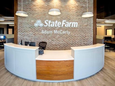 State Farm Office, Farm Office, Office Space Inspiration, Business Office Decor, Interior Brick, Office Remodel, Corporate Interiors, State Farm, Black Ceiling